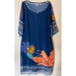 Soft Surroundings Blue Floral Print Dress Sheer Overlay 3/4 Sleeves Medium